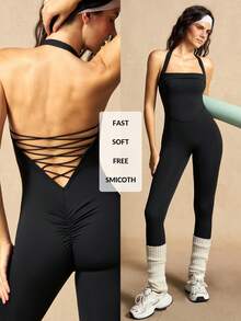 VARSIVA Solid Color Backless Halter Neck Slim Fit Sports Jumpsuit - Black - View 2