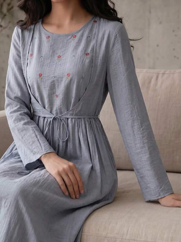 Yasmyna Women's Floral Embroidered Pattern Waist Knot Pleated Casual Party Arabian Dress
