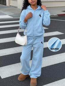 青少年女孩時尚舒適藍色連帽衛衣寬鬆版型 + 直筒秋季長褲保暖內裡 2件套 - 藍色 - 查看 1