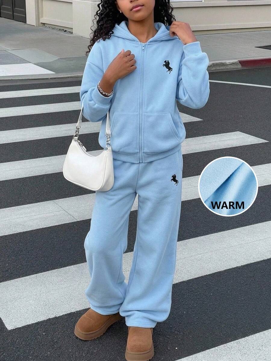青少年女孩時尚舒適藍色連帽衛衣寬鬆版型 + 直筒秋季長褲保暖內裡 2件套 - 藍色 - 查看 1