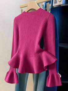 Franclia Women's Solid Color Round Neck Flared Sleeve Ruffle Hem Sweater - Hot Pink - View 2