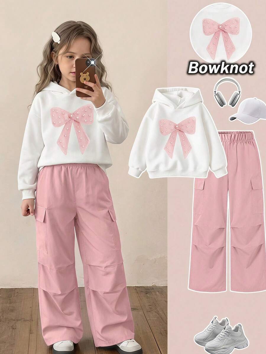 Tween Girl Bow Pattern Casual Daily Wear Hooded Sweatshirt - White - View 1