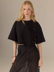 KÆRIA Hus Cropped High Neck Cape Sleeve Tee - 100 Cotton Jersey - Black - Modern, Clean Lines, Easy Styling, Everyday Daytime, Autumn, Minimalist, Basic - Black - View 3