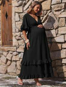 Boho Mama Maternity Vacation Casual Maternity Normal Solid Color Ruffle Hem Dress Photoshoot Summer - Black - View 7