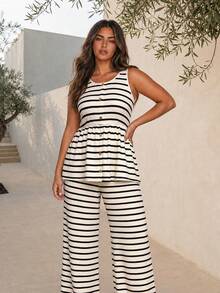 ELLERISSA Plus Size Black Striped Button Front Tank Top & Wide Leg Pants Co-Ord Set - Black - View 5