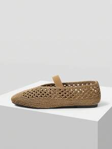 Mnmlis Women's Hollow Square Toe Flat Shoes - Coffee Brown - View 3
