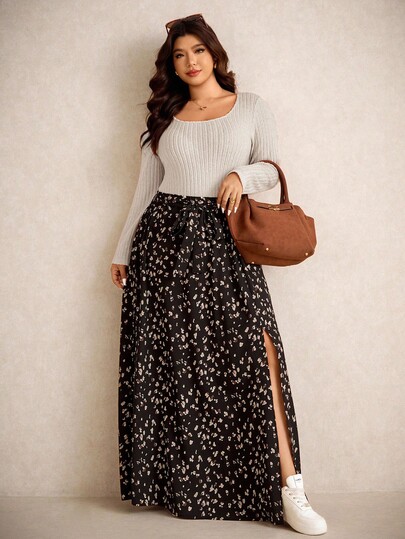 Elaquor Plus Size Solid Color Long Sleeve Top & Ditsy Floral Skirt 2-Piece Set Fall