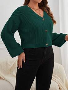 SHEIN Essnce Cardigan de manga larga con botones de color liso casual para tallas grandes en otoño/invierno - Verde Oscuro - Ver 3