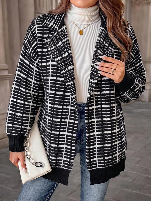 Easura Autumn/Winter Plus Size Vintage Black & White Plaid Collar Knit Cardigan Women Loose Lazy Mid-Length Long Sleeve Sweater