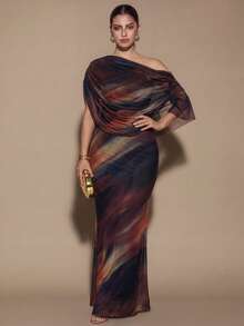 SHEIN BAE CURVE Plus Size Women's Brown Long Ruched Dress, Elegant Long Dress, Suitable For Outings, Date Dress - Brown - View 3