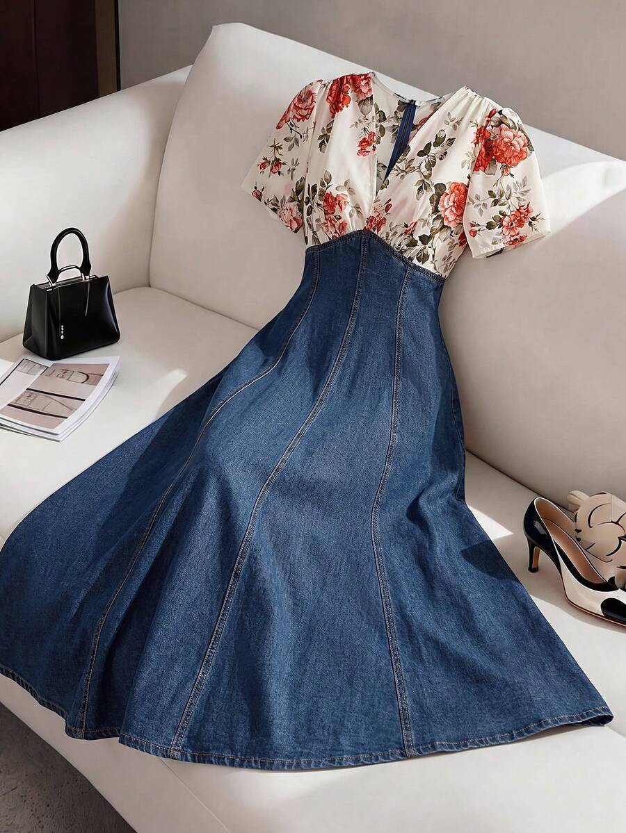 GlowEve Women's Floral Print Patchwork Casual Daily Summer Denim Dress - Blue - View 1