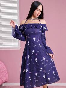 HELLO KITTY AND FRIENDS | SHEIN 女士优雅露肩荷叶边袖系带花卉印花连衣裙，适合春秋季节 - 紫色 - 查看 1