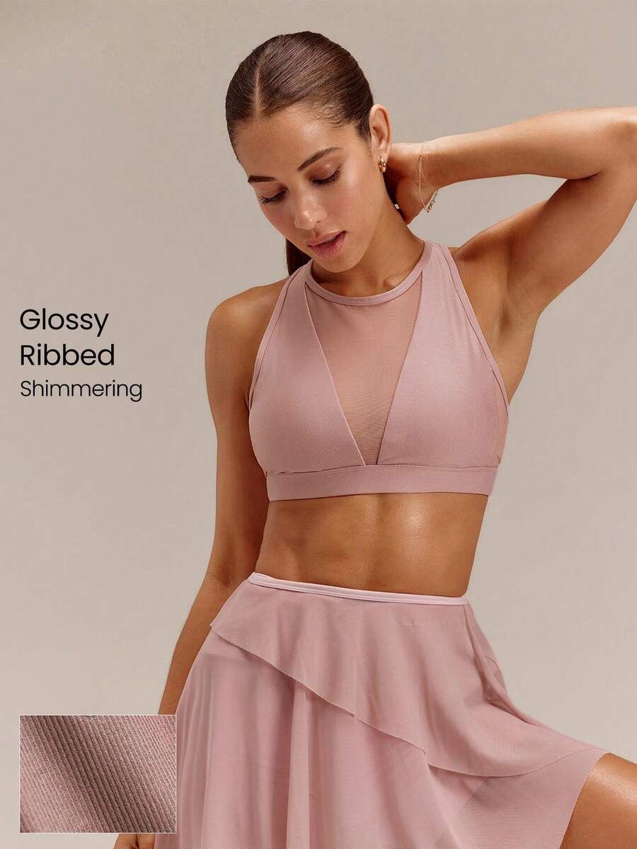GLOWMODE GlossFit 亮面網格拼接高領運動內衣,鏤空賽車背設計,可拆式胸墊,適合瑜伽、皮拉提斯、健身房夏季穿著 - 粉色 - 查看 1