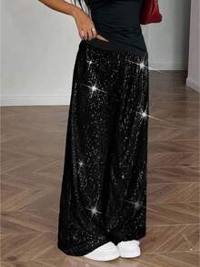 SHEIN Tween Girl Sequin Panel Elastic Waist Casual Loose Fit Pants Sequin Pants Fall Winter - Black - View 2