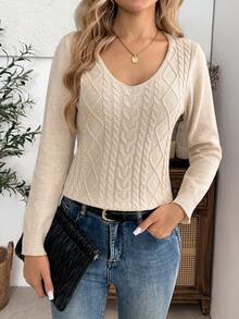 EMERY ROSE New Spring Fall Ivory Cable Diamond Weave Knit Top V Neck Long Sleeve Vintage Cottagecore Layering Blouse - Apricot - View 3