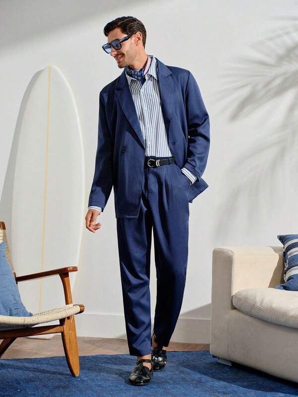 VeloEdit Men's Solid Color Single-Breasted Long Sleeve Suit Blazer And Pocket Decorated Suit Pants Set For Ceremony Formal