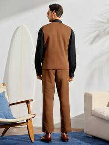 VeloEdit Men's Solid Vest And Trousers Formal Suit Set For Work,Dress Outfits For Men, Ceremony Wedding Fall Winter Business Commute‌ Old Money - Brown - View 2