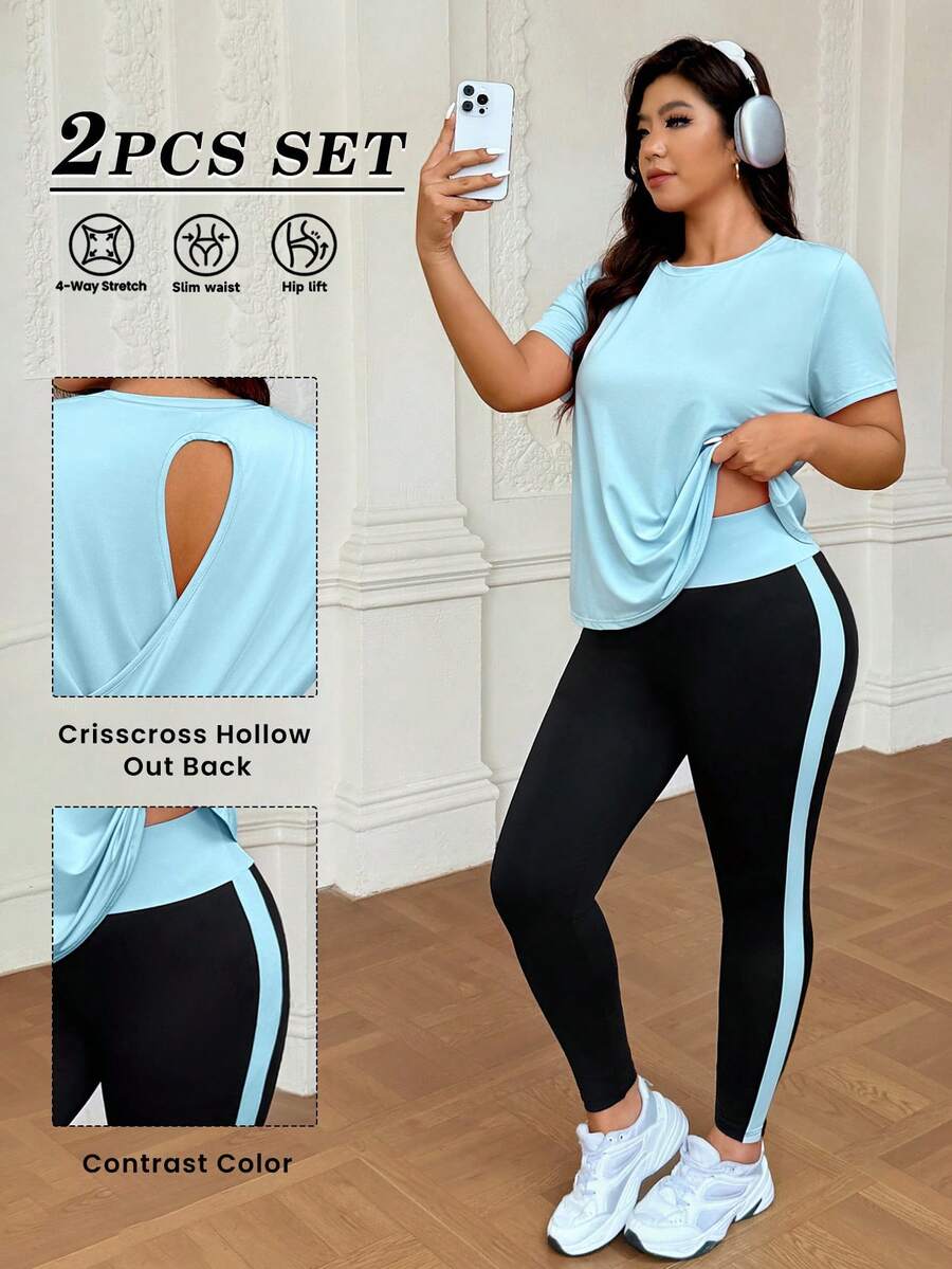SHEIN Rhythm Era 大尺碼純色百搭圓領短袖T恤與條紋對比色緊身運動褲套裝 - 彩色 - 查看 1