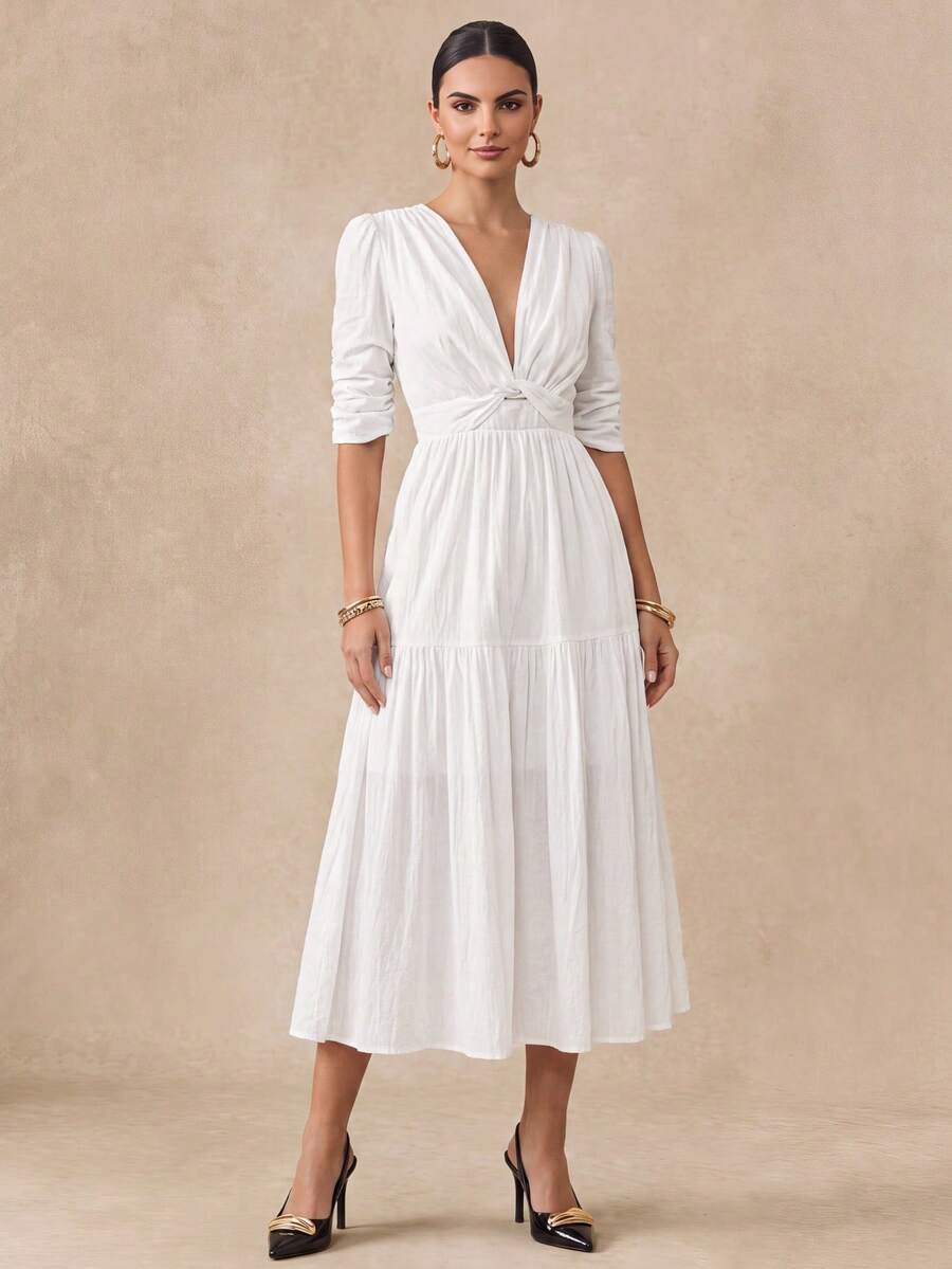 Almamuse Women's Elegant Deep V-Neck Ruffle Lantern Sleeve Ruched Hem Dress White Boho Dress - White - View 1