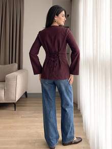 Solavon Women's Solid Color Casual Daily Arabic Style Top - Coffee Brown - View 2