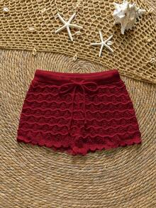 Soleia Drawstring Hollow Knit Fitted Cover-Up Top And Shorts - Burgundy - View 3