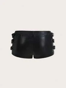 SHEIN ICON Y2k Black Tight Fit PU Low-Waist Decorated Ultra-Short Shorts Rave Festival Outfits - Black - View 6