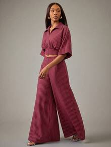 NYA SZN Matching Set Zip Up Top Wide Leg Pant Striped - Burgundy - View 7
