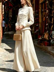 SHEIN 2pcs/Set Cream-White Washed Textured Fabric Chinese Style Small Stand Collar Front 5-Pair Frog Button Cinched Waist Hem Slightly Slit Cuffed Long Sleeve Top And Draped High Waist Wide Leg Pants - Apricot - View 5