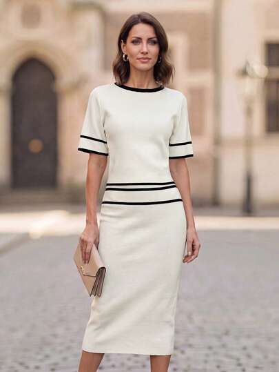 EMERY ROSE Women's Striped Round Neck Short Sleeve Knit Top And Knit Skirt Set