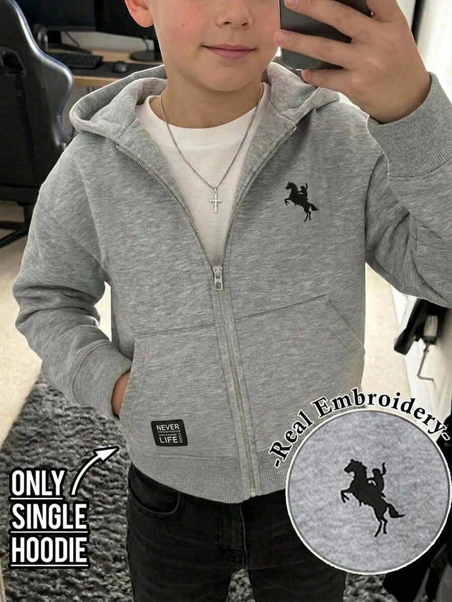 SHEIN Sweatshirt Berkerudung Resleting Kasual Nyaman untuk Anak Laki-Laki di Musim Gugur/Dingin - Light Grey - View 1