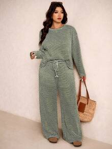 Elaquor Conjunto de 2 piezas de top de manga larga holgado y pantalones de talla grande informal - Verde - Ver 6