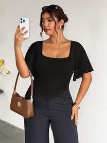Firerie Plus Size Women's Solid Color Square Neck Casual Versatile Daily T-Shirt - Black - View 5