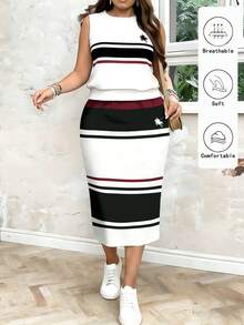 EMERY ROSE 2pcs Plus Size Women Casual Striped & Horse Pattern Loose Fit Round Neck Top And Mini Skirt Set, Suitable For Summer - Multicolor - View 1