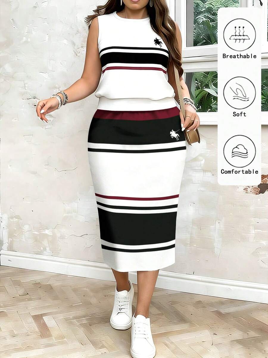 EMERY ROSE 2pcs Plus Size Women Casual Striped & Horse Pattern Loose Fit Round Neck Top And Mini Skirt Set, Suitable For Summer - Multicolor - View 1