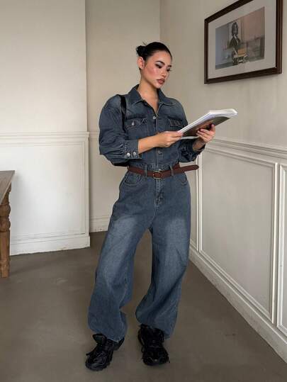 DAZY Women's Summer Light Blue Washed Denim Jumpsuit With Lapel Collar, Long Sleeves, Large Pockets, Loose Casual Street Vacation Commute Style