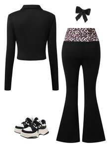 SHEIN Elladie kids Mädchen 2-teiliges lässiges minimalistisches Set, Herbstoutfits, Herbst, schwarze Milchseidenstoff figurbetonende Reißverschlussjacke und elastische Taille schmal geschnittene Leopardenmuster Schlaghose - Schwarz - Übersicht 2