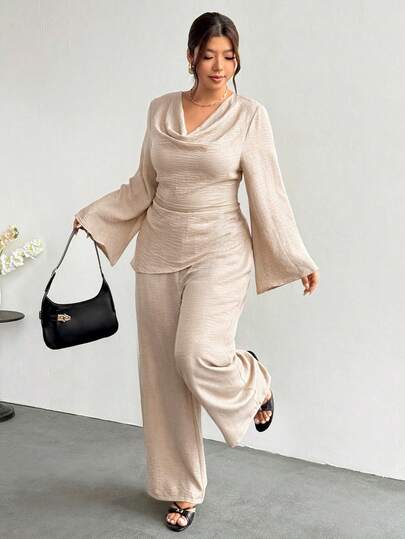 Firerie Plus Size Women Solid Color Cowl Neck Bell Sleeve Blouse And Wide Leg Pants Casual 2 Pieces Set