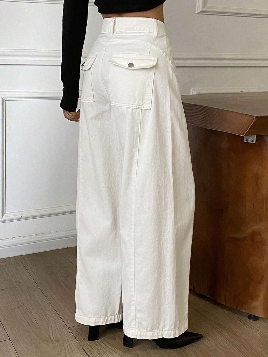 DAZY Celana Jeans Denim Putih Wanita Model Longgar Lurus dengan Desain Saku Belakang, Gaya Kasual Urban untuk Musim Gugur - Putih - View 1