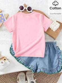 Souflis Souflis Kaos Pendek Musim Panas Warna Pink Modis untuk Anak Perempuan, Cocok untuk Ulang Tahun Pertama, Atasan Dasar Minimalis dengan Motif Pita Mengkilap, Pakaian Kasual Sehari-hari yang Nyaman - Berwarna merah muda - View 2