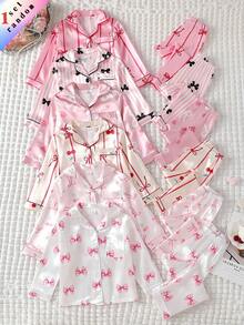Random 1 Set Bowknot Girls Toddler Cardigan Lapel Long Sleeve Home Wear Pajama Set - Multicolor - View 1