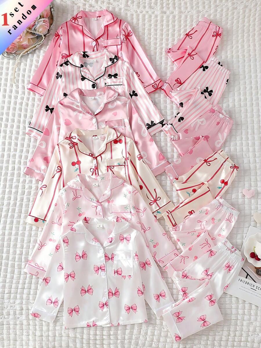 Random 1 Set Bowknot Girls Toddler Cardigan Lapel Long Sleeve Home Wear Pajama Set - Multicolor - View 1