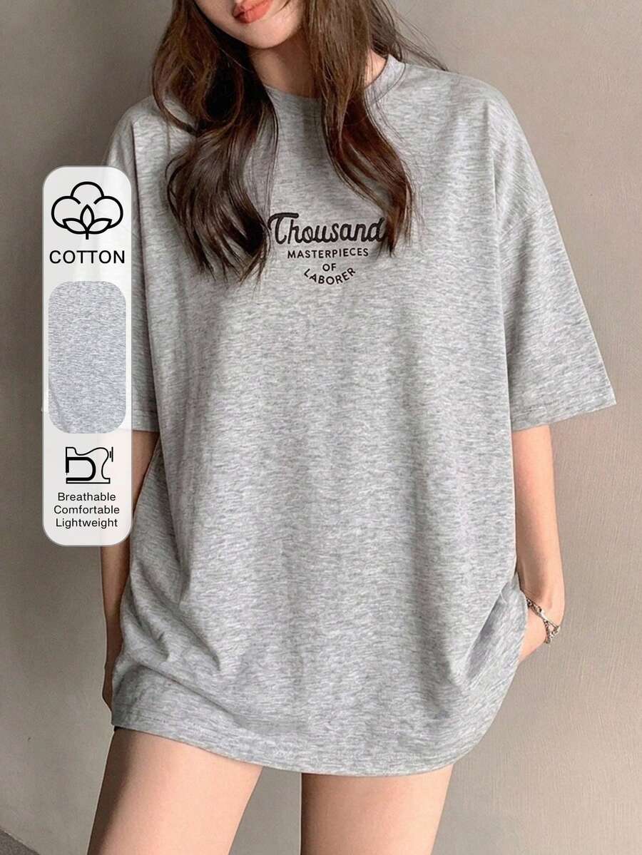 DAZY Women's Letter Print Loose Fit Round Neck Short Sleeve T-Shirt Graphic Tee Summer - Grey - View 1