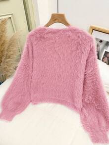 CosyJoli Plus Size Women's Sweater Off Shoulder Plush Cropped Cardigan In Fall/Winter - Dusty Pink - View 2