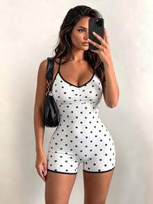 SHEIN Sports Ruched Halter Polka Dot Sports Bodysuit Contrast Trim Romper For Fitness Cycling Gym Workout - Multicolor - View 9