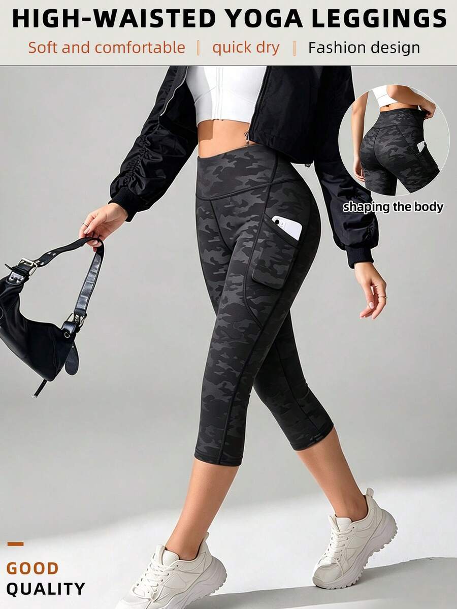 Slayform Women's Outdoor Sports Pattern Design Camouflage Print Leggings - Black - View 1