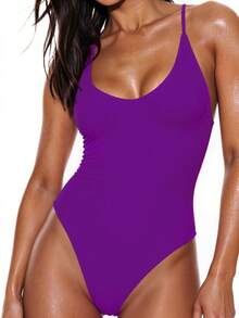 Oceva Traje de baño de una pieza sin espalda de unicolor, sexy para vacaciones en la playa - Morado Violeta - Ver 5