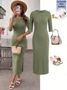 Easowa Women's Casual Basic Commute Day Time Night Solid Color Fitted Midi Dress Everyday Day Time Olive Green Summer - Army Green - View 3