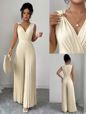 Elenzga Mono ajustado y ceñido para mujer de primavera/verano, elegante para ir al trabajo, amarillo, con cuello en V, sin mangas, hebilla metálica, cintura plisada, diseño fruncido y ajustado
