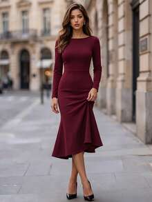 Editum Women's Elegant Commute Office Solid Color Mermaid Mid-Length Dress Burgundy Autumn Halloween New Year Party - Red Violet - View 5