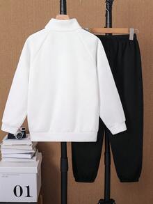 SHEIN 青少年男孩休閒運動字母圖案寬鬆版型全開襟立領運動外套與慢跑褲2件套，適合秋冬休閒運動風 - 黑與白 - 查看 4